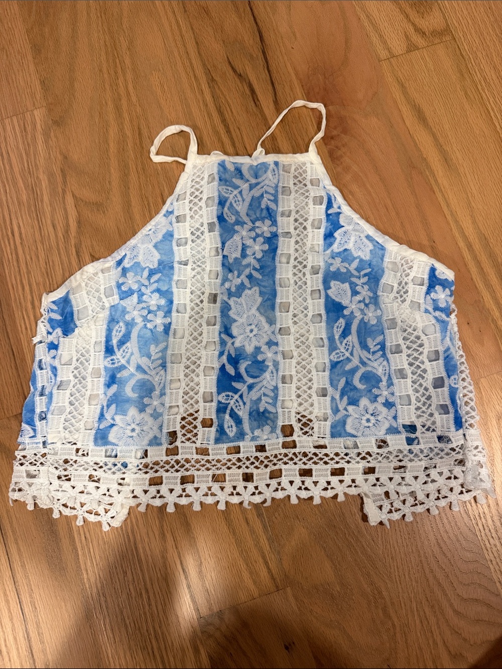 Lace Trim Blue and White Halter Crop Top